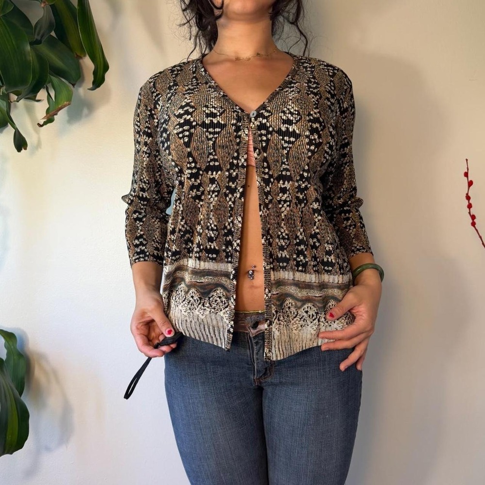Vintage 90s Whimsygoth Crinkle Split Front 3/4 Sleeve Cardigan Brown Black XL
